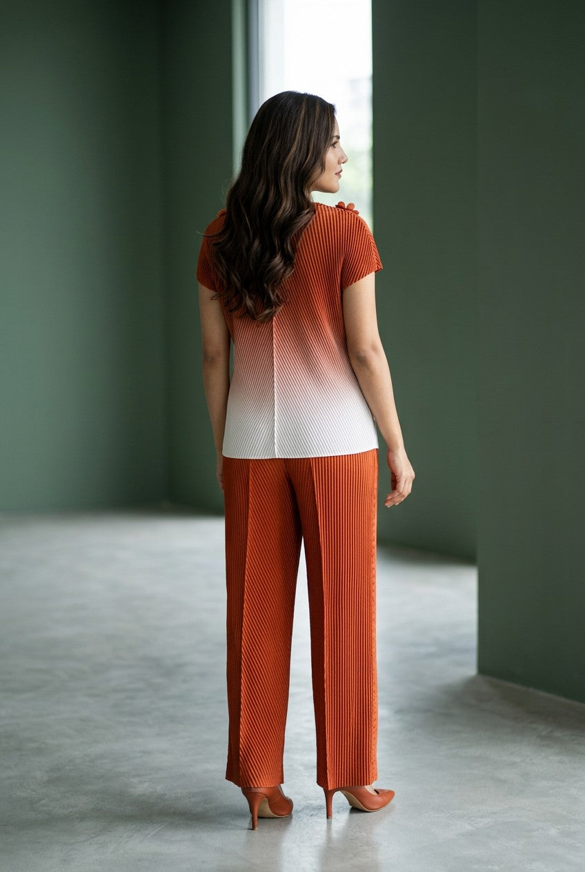 Women's Floral Applique Pleated Co-Ord Set | Gradient Top with Wide Leg Pants