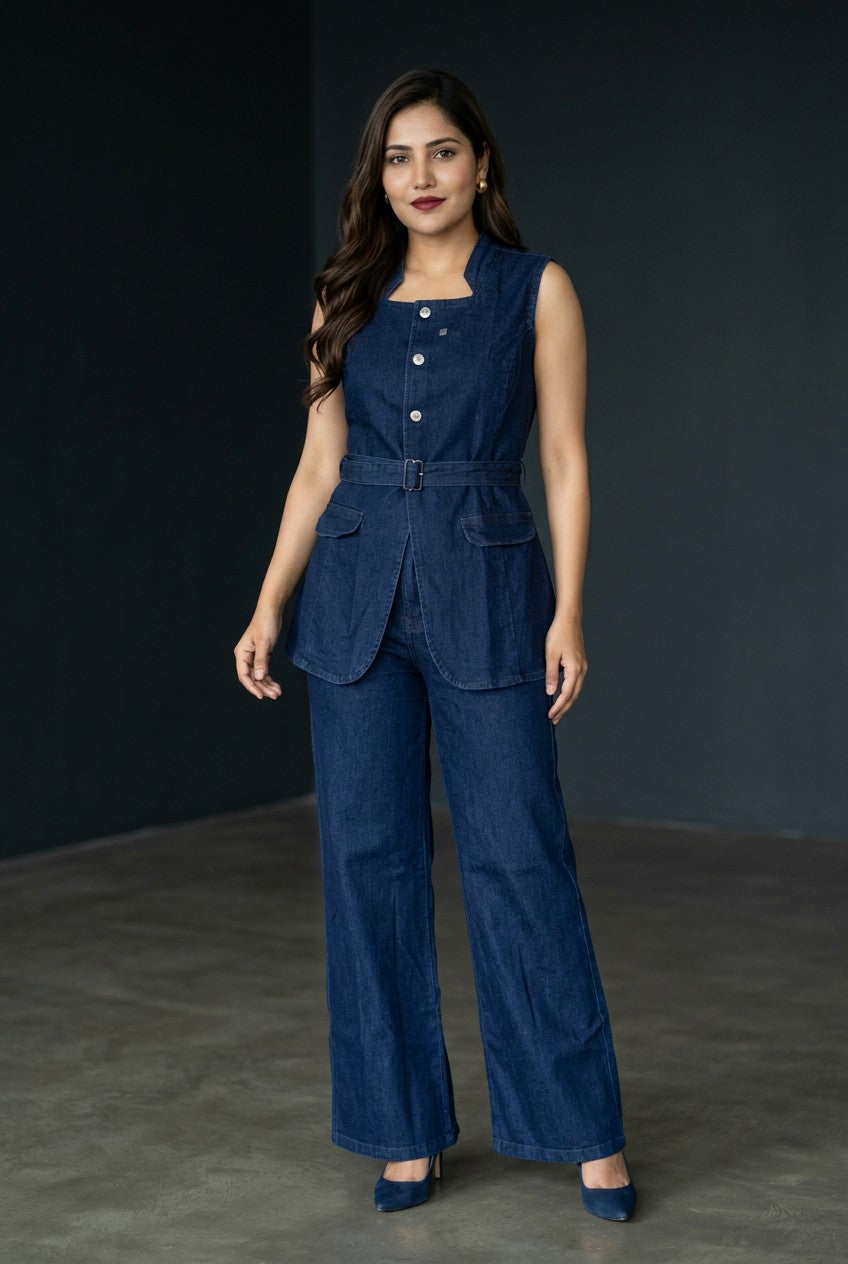 Women's Premium Denim Co-Ord Set | Sleeveless Belted Top with Wide Leg Pants