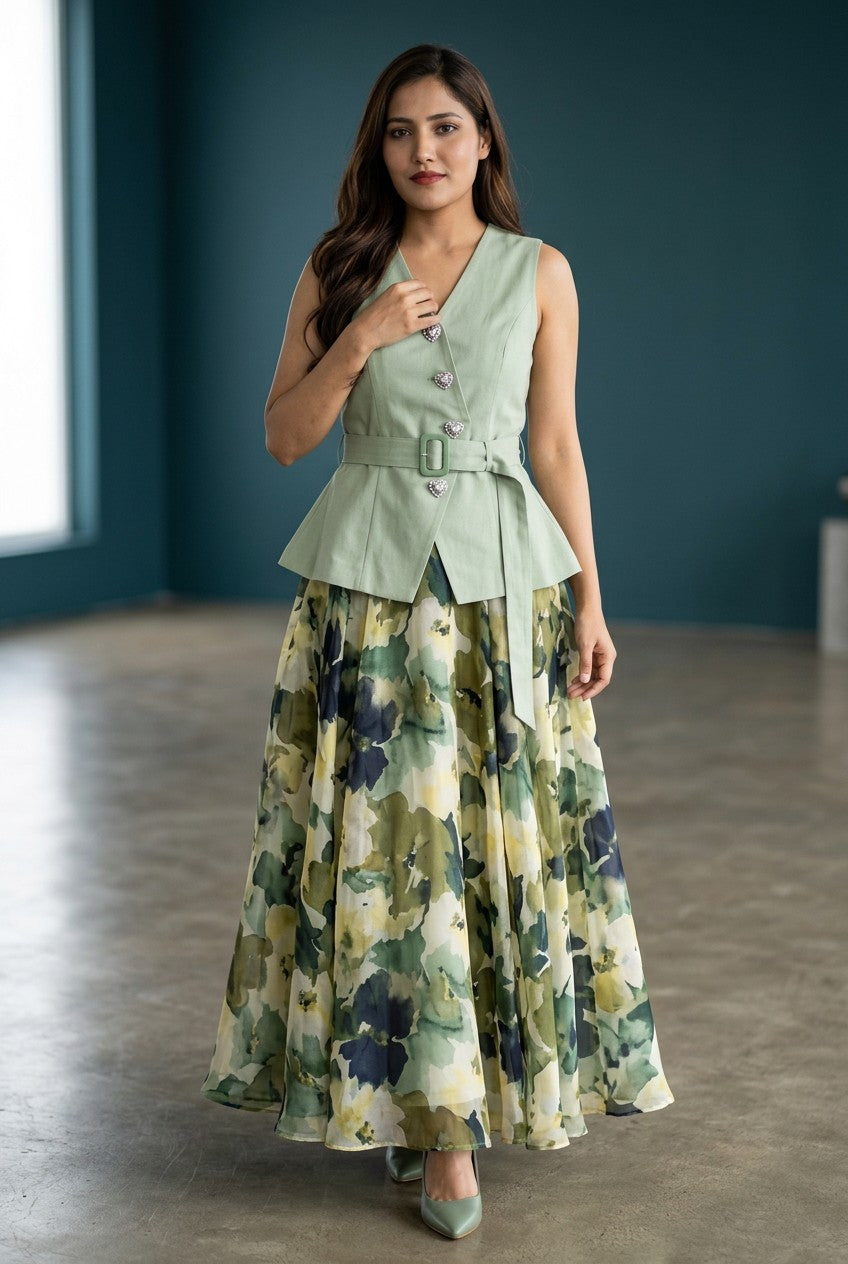 Women's Belted Top & Printed Palazzo Co-Ord Set | Elegant Sleeveless Two Piece Outfit