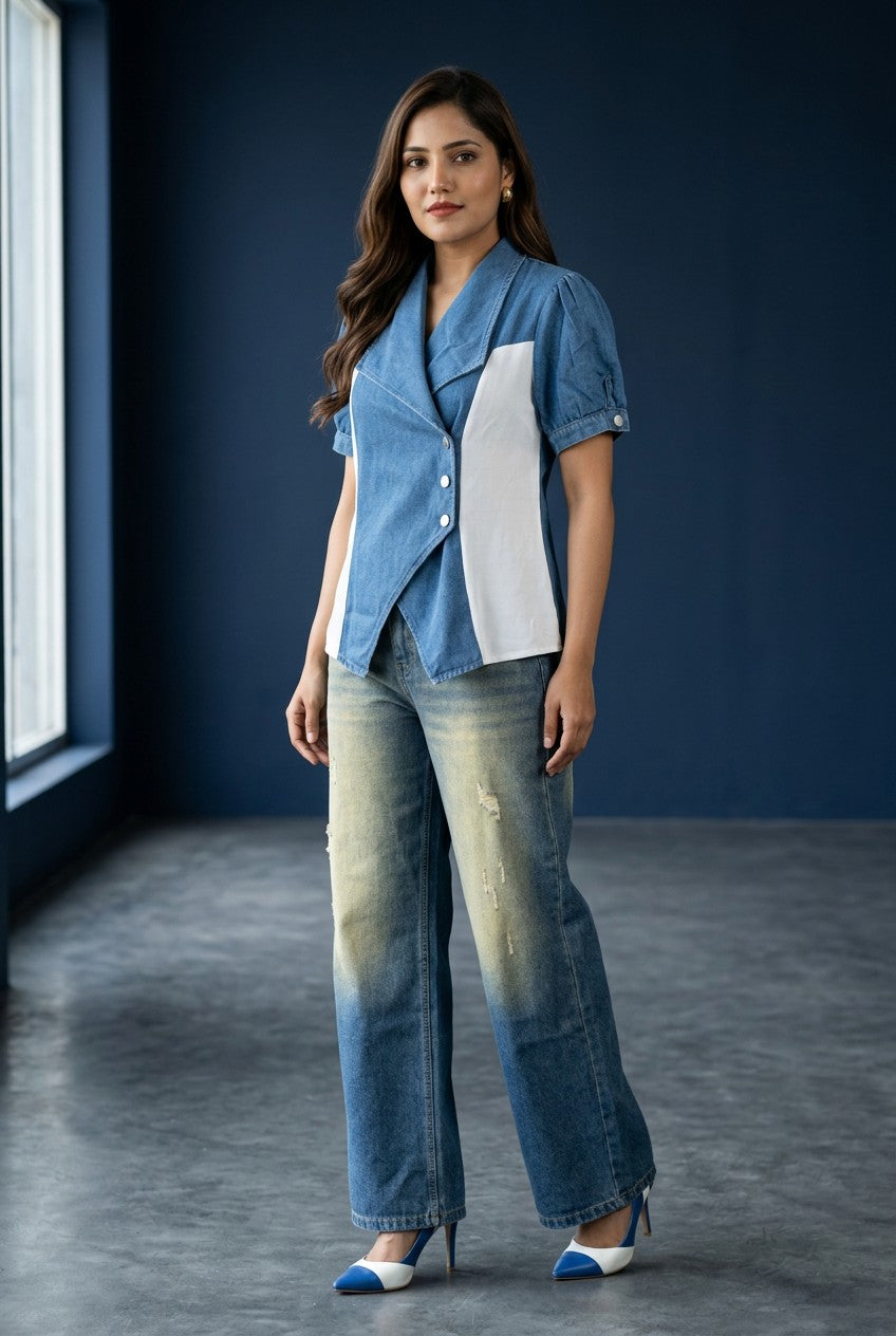 Women's Color Block Denim Wrap Top