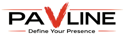 Pavline logo in black with bold red V and tagline Define Your Presence