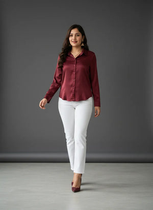 Women's Korean Satin Lace-Up Back Shirt