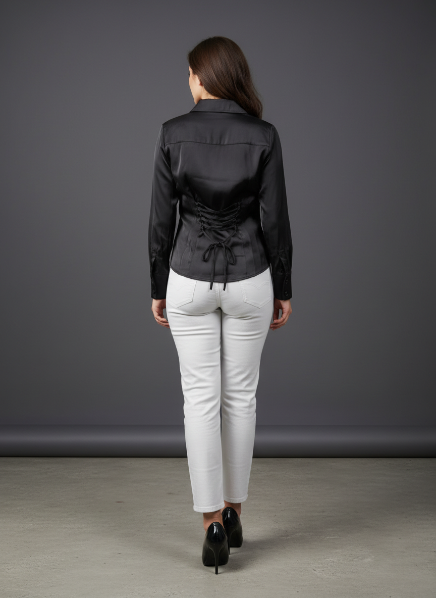 Women's Korean Satin Lace-Up Back Shirt