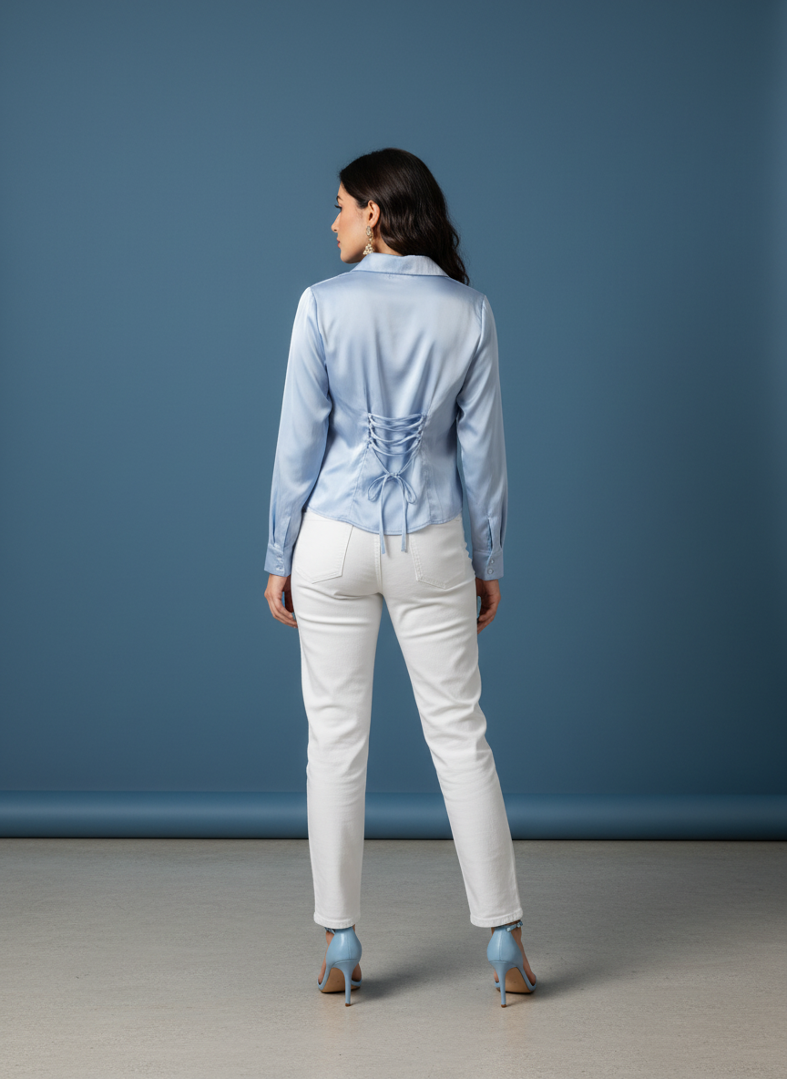 Women's Korean Satin Lace-Up Back Shirt