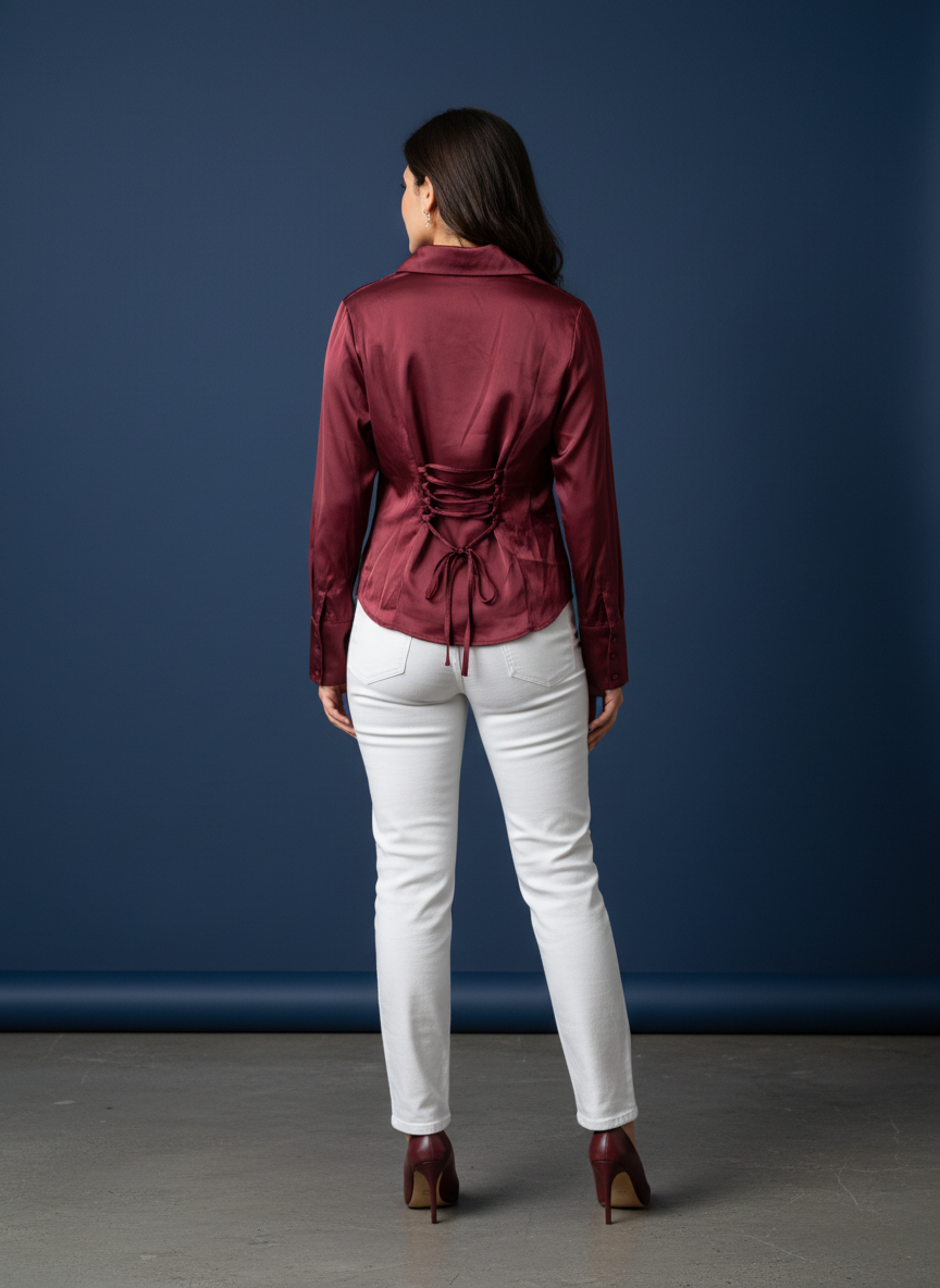 Women's Korean Satin Lace-Up Back Shirt