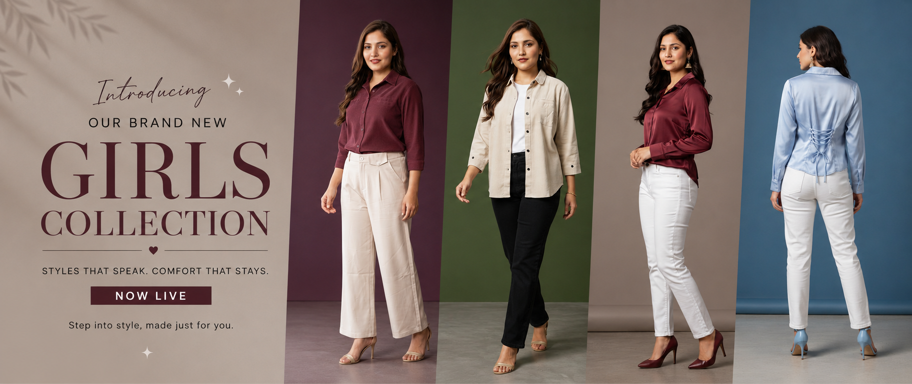 Promotional banner for a brand new girls collection with four different outfits.
