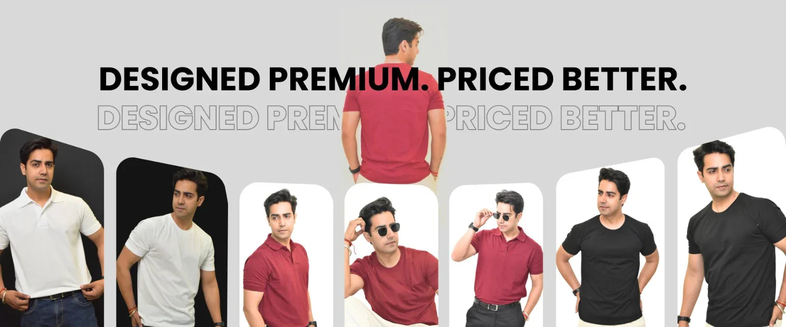 Pavline premium men’s polos and t-shirts in white, red, and black, multiple poses, modern banner