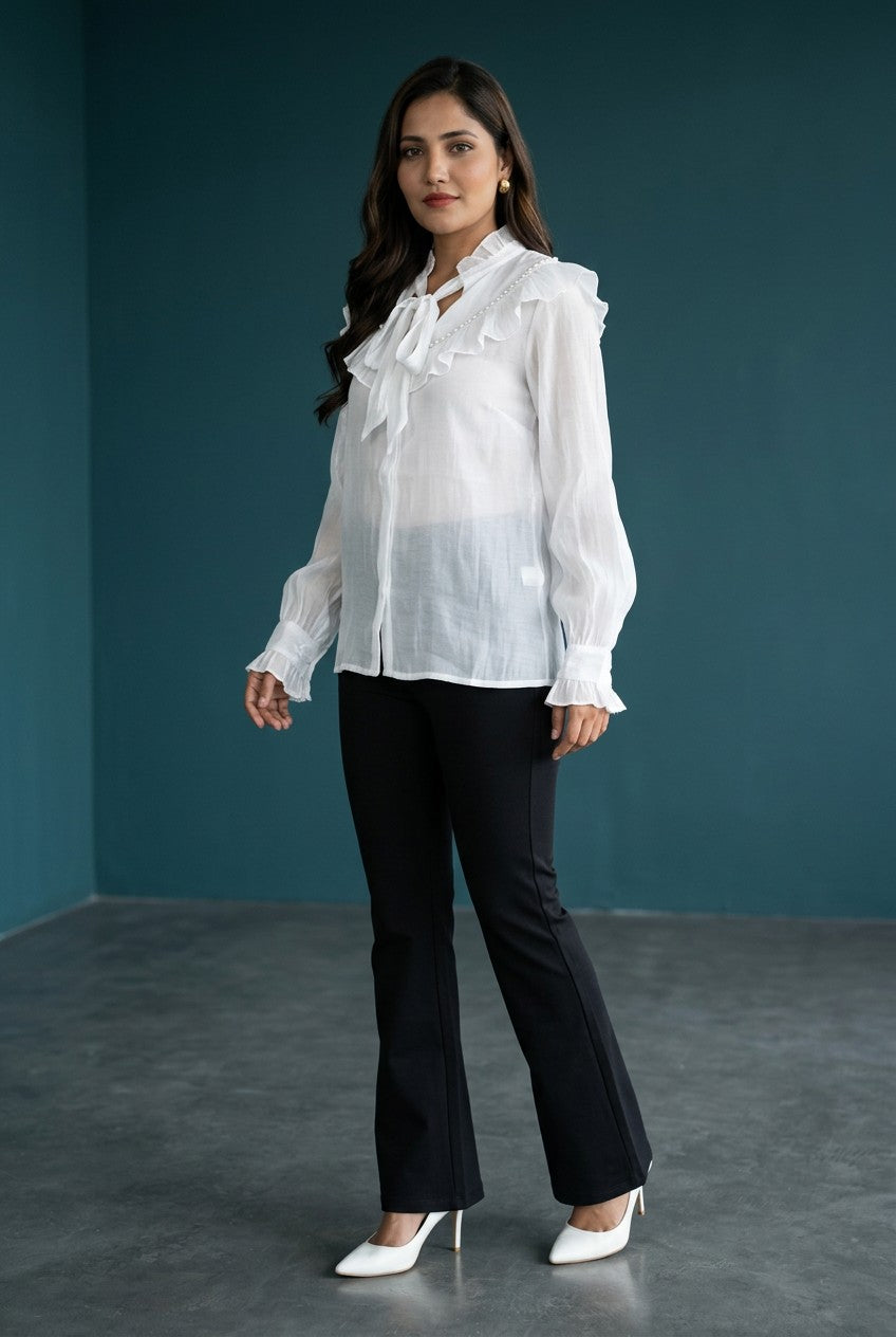 Ruffle Bow Sheer Top for Women | Elegant Full Sleeve Shirt | Party Wear Top