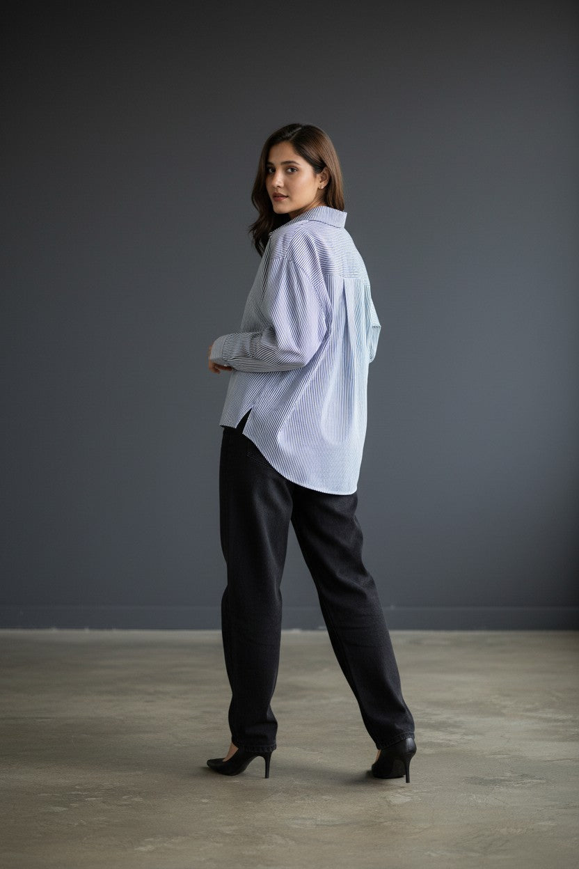 Women's Blue & White Vertical Striped Oversized Shirt