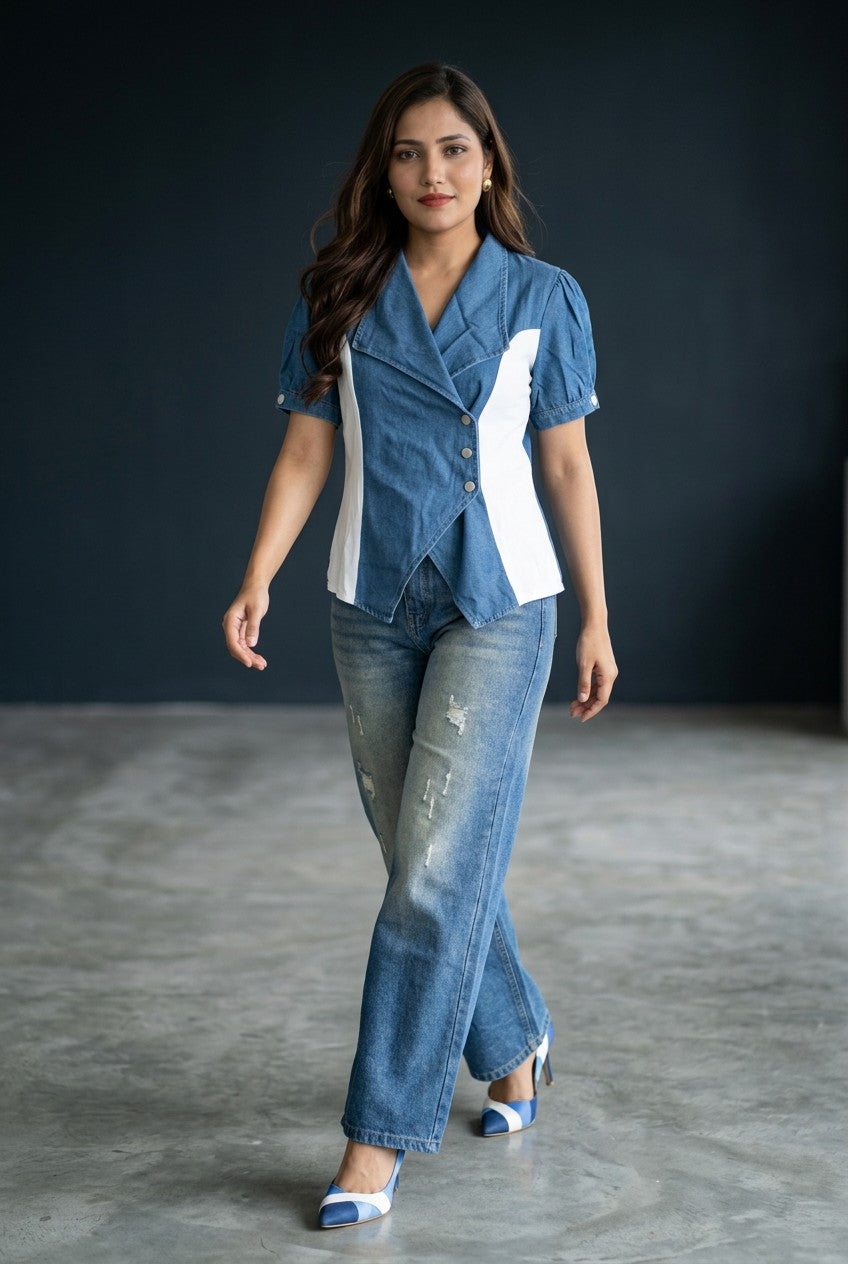 Women's Color Block Denim Wrap Top