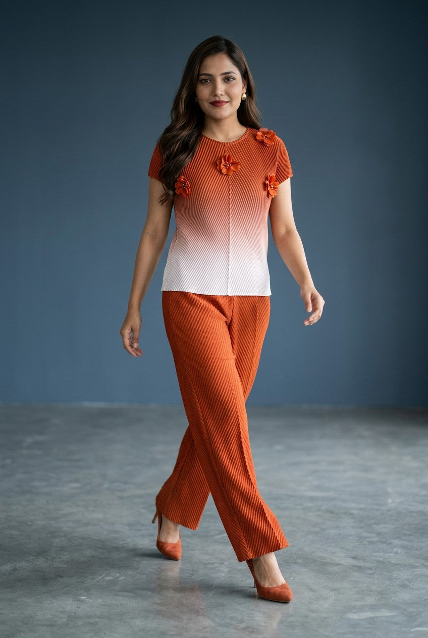 Women's Floral Applique Pleated Co-Ord Set | Gradient Top with Wide Leg Pants