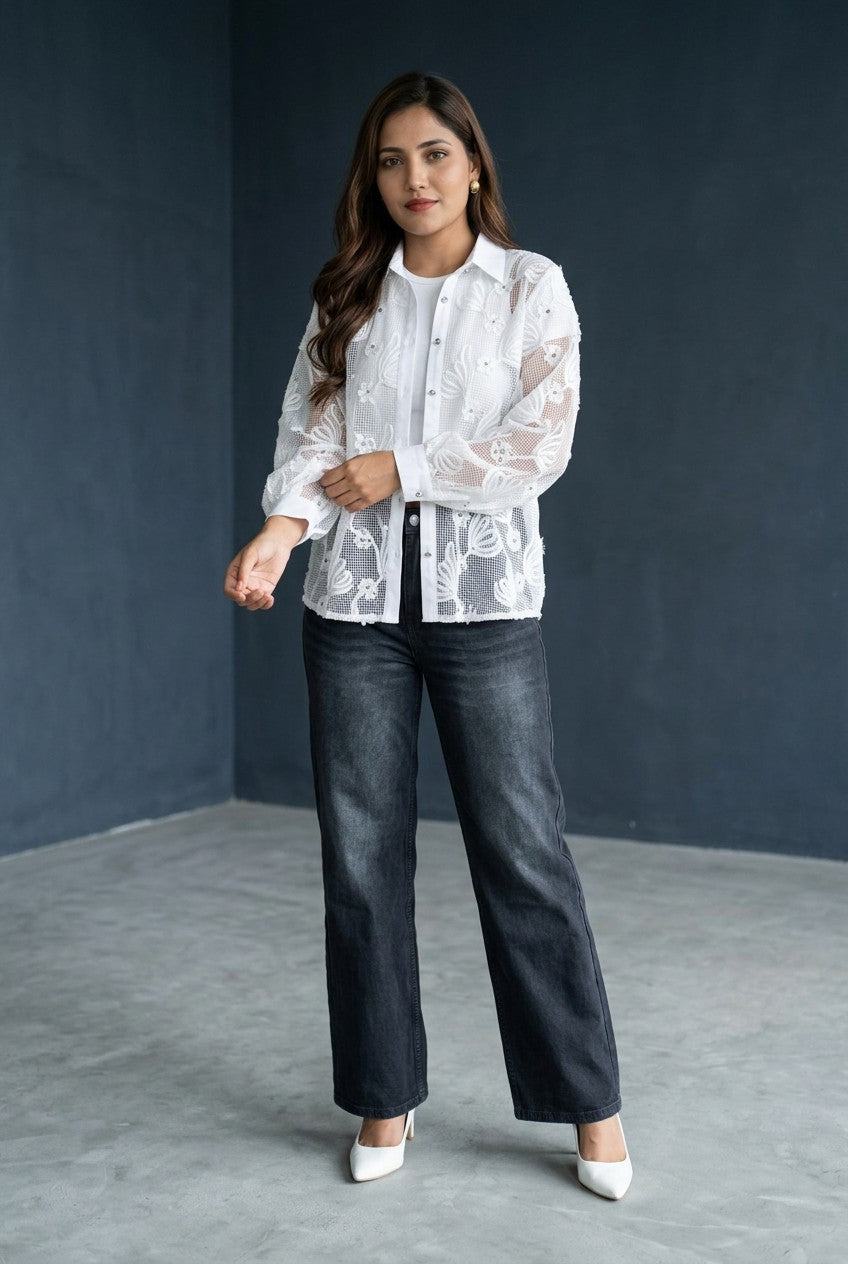 Women's Floral Mesh Embroidered Shirt