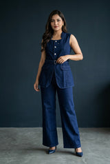 Women's Premium Denim Co-Ord Set | Sleeveless Belted Top with Wide Leg Pants