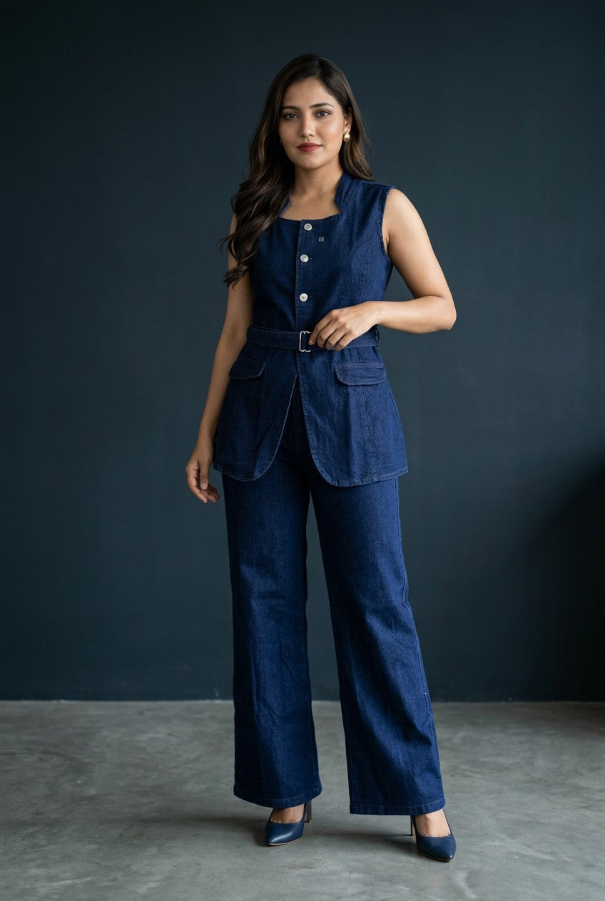 Women's Premium Denim Co-Ord Set | Sleeveless Belted Top with Wide Leg Pants