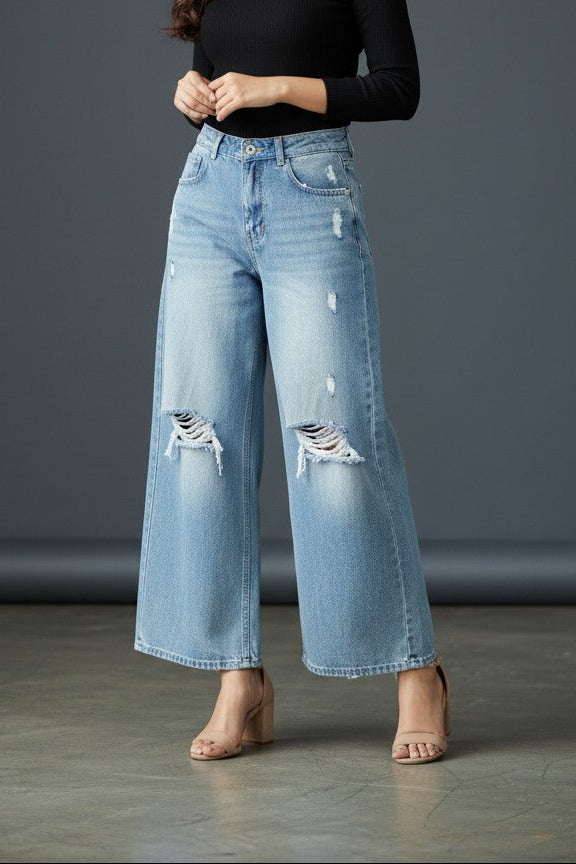 Women's Ripped Wide Leg High Rise Jeans