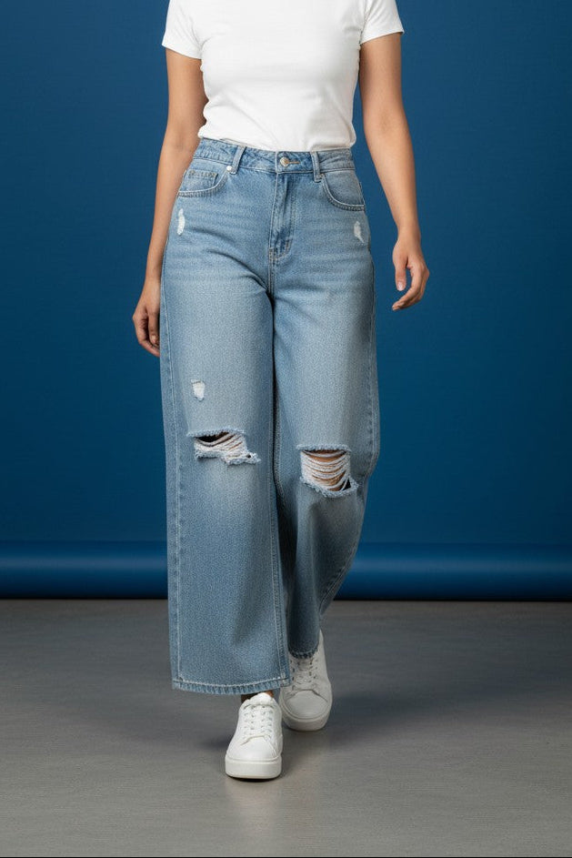 Women's Ripped Wide Leg High Rise Jeans